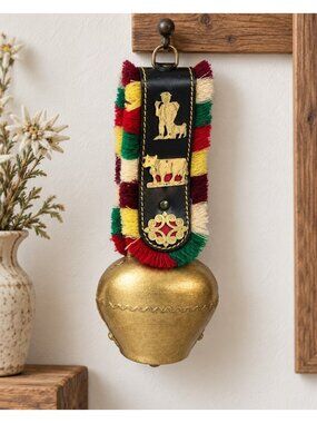 Vintage Swiss Cowbell Leather Strap Colorful Fringe Alpine Folk Art 9.25"